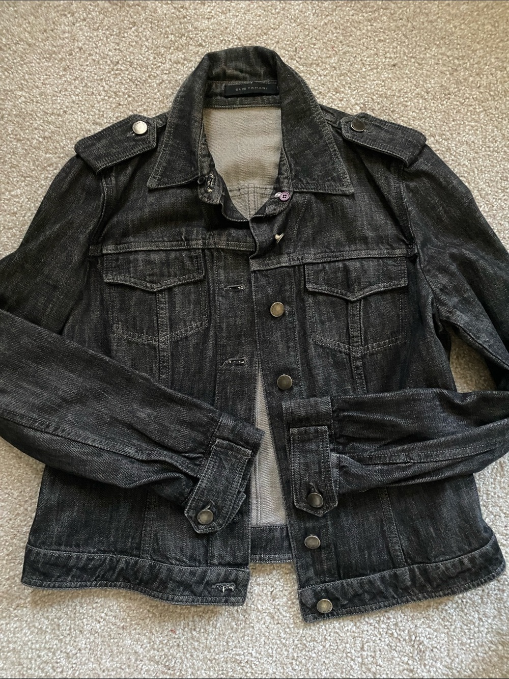Elie Tahari Black Washed Denim Jacket with Epaulets